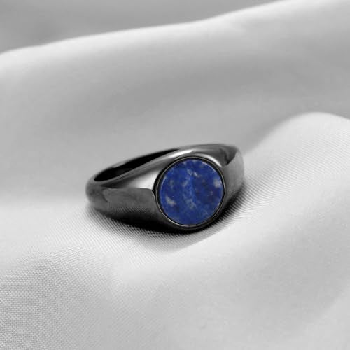 MYNENEY Stainless Steel Round Shape Classical Simple Plain Wedding Engagement Statement Pinky Band Signet Rings for Men Women Size 4-15 - color: Lapis lazuli-Black