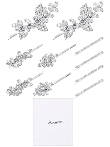 Janinka 10 Pieces Rhinestone Wedding Hair Clips Bridal Crystal Bobby Pins Silver Barrette Leaf Flower Wedding Elegant Hair Accessories for Bride Women and Girls(Rhinestone Style) - color: Rhinestone style