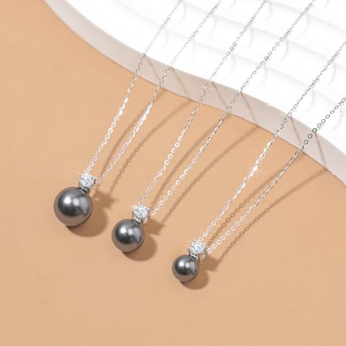 Single Black Pearl Pendant Necklace with Cubic Zirconia for Women S925 Sterling Silver Simple Crystal Pearl Drop Necklace Charm Chain Wife Daughter Birthday Wedding Graduation Jewelry Gifts - color: Silver, size: 10MM