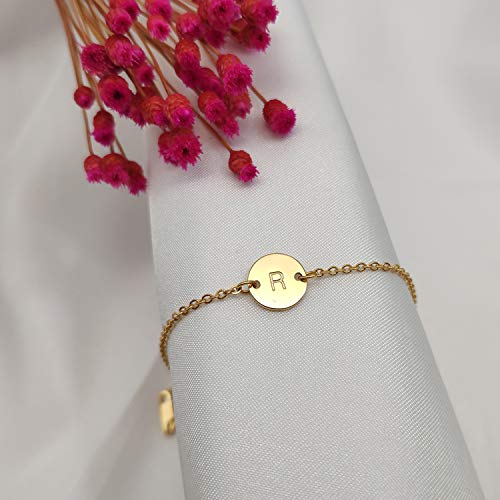 Ovian Initial Charm Bracelet for Women 18K Gold Plated stainless steel Coin Disc Engraved Letter Bracelet Personalized Monogram Name Bracelet - color: R