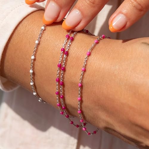 6 PCS Enamel Beaded Chains Bracelet Stainless Steel Link Bracelets | 6.7"+1.18", With Extender Chain, Fashion Jewelry Set, Gift For Women, Colorful, No Fade - color: Rose Silver