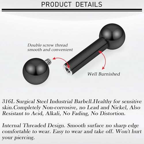 16G-00G Tongue Rings Nipple Piercings Internally Threaded Straight Barbell 316L Surgical Steel Body Piercing Jewelry for Women Men Black silver 12mm 14mm 16mm 19mm Bars Length - color: Black, size: 6G(4mm)-12mm barbells-6mm Balls