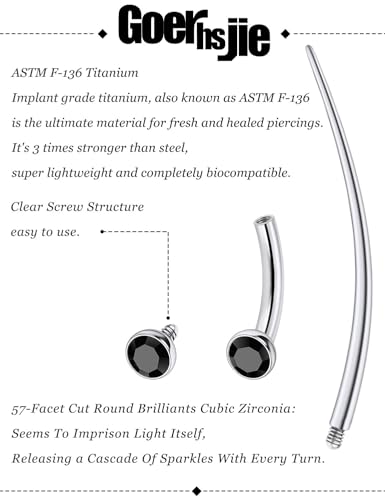 F136 Titanium 16g 6/8/10mm Eyebrow/Rook/Snug/Vertical-Labret/VCH/Snake-Eyes/Anti-Tragus/Christina/Daith/Belly-Button/Bridge/Hood/Surface Curved Barbell Piercing Jewelry for Women Men - color: Black, size: 6 mm (1/4 in)