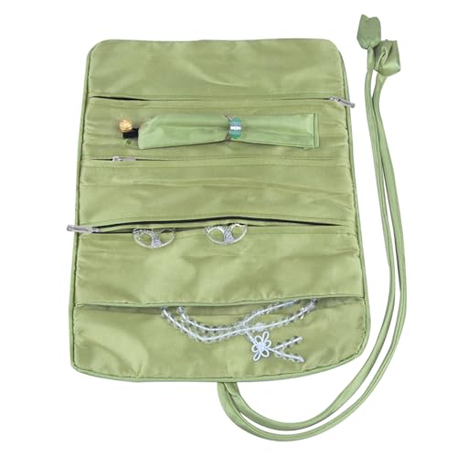 TUMBEELLUWA Embroidery Travel Jewelry Bag Roll Embroidered Flower and Bird Brocade Organizer with Tie Close - color: #1 Green