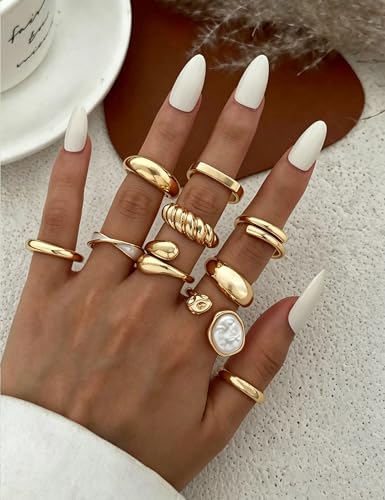 15 Pcs Chunky Gold Rings for Women Open Adjustable Pearl Rings Set | Stackable Statement Rings Pack,Shall Shell,Stacking Knuckles Rings Set, Trendy Stuff Jewelry Gift, Gold Baroque Pearl - color: Gold