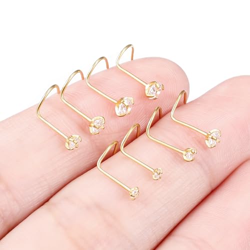 Hoeudjo Hypoallergenic Nose Rings Studs 24G Surgical Stainless Steel Cubic Zirconia Nose Studs for Women Men Screw & Bone & L Shaped Nostril Piercing Jewelry with 1.5mm 2mm 2.5mm 3mm CZ - color: goldtone,screw nose studs