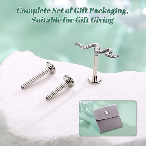 LOLIAS 16G G23 Titanium Tragus Conch Helix Piercing Jewelry 6mm 8mm 10mm - Internally Threaded Flat Back Stud Cartilage Earrings Hypoallergenic Forward Earlobe Labret Tragus Piercing Jewelry - color: Snake-Titanium