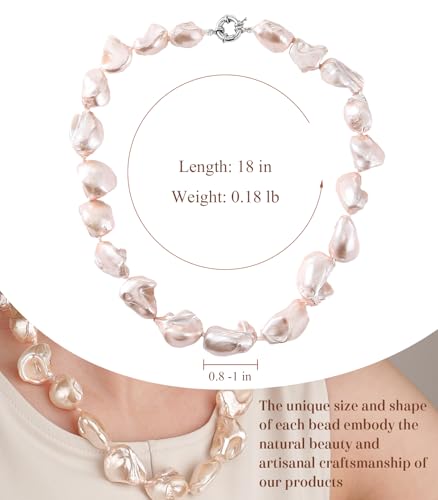 Pearl Choker Necklace for Women Boho Beaded Statement Necklace with Black White Large Freshwater Pearls Silver Fashion Jewelry Gift - color: Pink