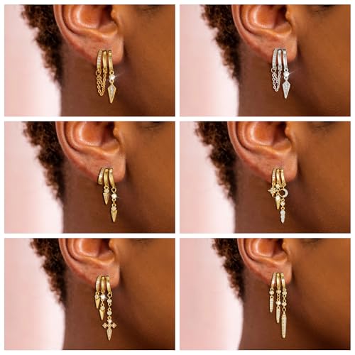 Clip On Earrings for Women Chain Moon Star Cross Hoop Dangle Earring No-Pierced Gold Silver - color: Long,Gold tone
