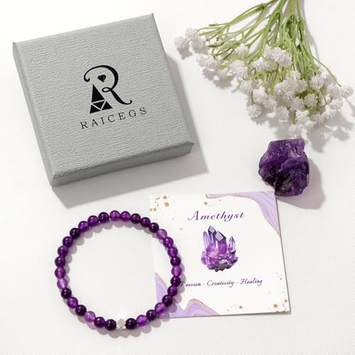 Raicegs 4 6 8MM Beaded Bracelets Healing Crystal Bracelet for Women Men Natural Stone Handmade Stretch Bracelet Reiki Spiritual Jewelry - color: Amethyst, size: 6mm
