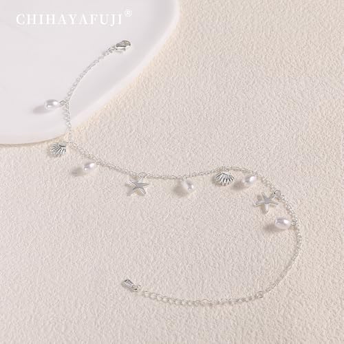 Sterling Silver Ankle Bracelets for Women 14k Gold Plated Waterproof Dainty Layered Stackable Seashell Pearl Charm Non Tarnish Adjustable Anklet for Summer Beach Jewelry Gift - color: Silver3