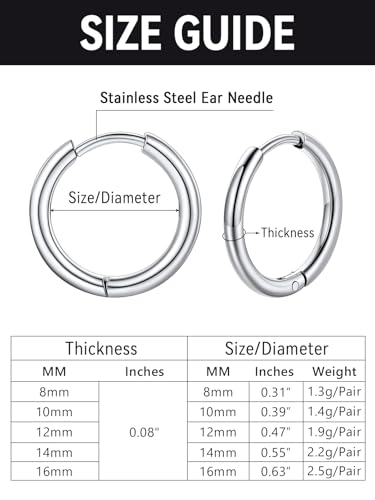 FaithHeart Stainless Steel Black/Silver/Gold Huggie Hoop Earrings for Men | Hypoallergenic Small Hoop Earrings Lightweight Sleeper Earrings Waterproof Cartilage Piercing Jewelry Gift 8-16mm - color: Silver-Round, size: Diameter 8mm