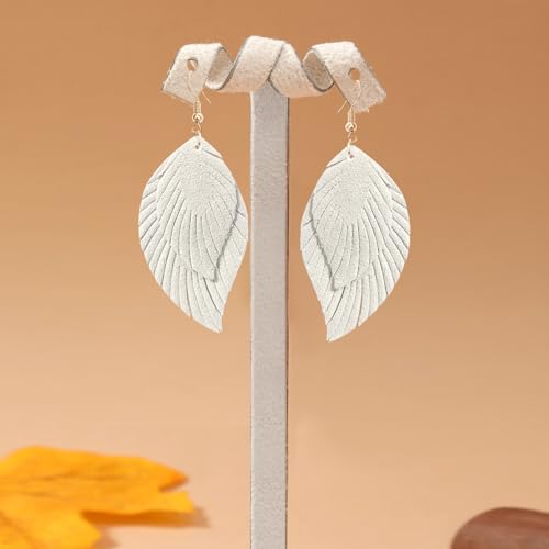 Handmade Bohemian Large Soft Genuine Leather Fringe Double Feather Dangle Drop Earrings Lightweight Simple Color PU Leaf Hook Earrings for Women - color: White