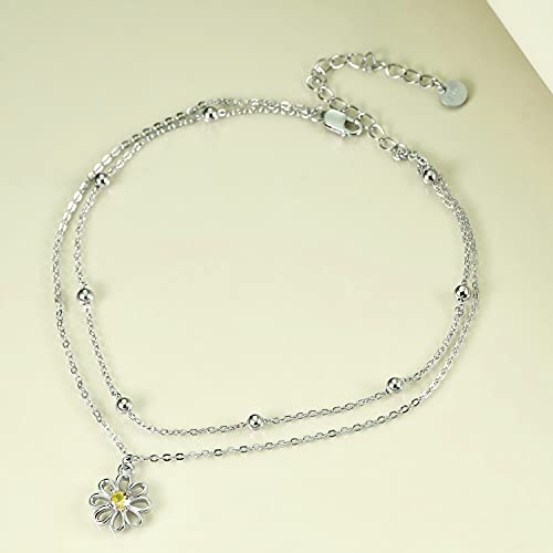 POPLYKE 925 Sterling Silver Double Layered Chain Evil Eye Daisy Sunflower Butterfly Anklets for Women Holiday Beach Crystal Ankle Bracelet Dainty Evil Eye Jewelry - style: Daisy Anklet