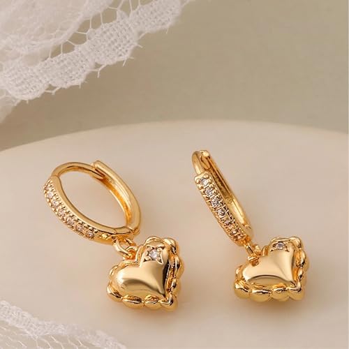 Huggie Earrings for Women - 14K Gold Plated Heart Earrings, Small Love Heart Drop Dangle Huggie Charm Earring, Dainty Huggie Hoop Earrings for Women - color: Gold-Heart-02