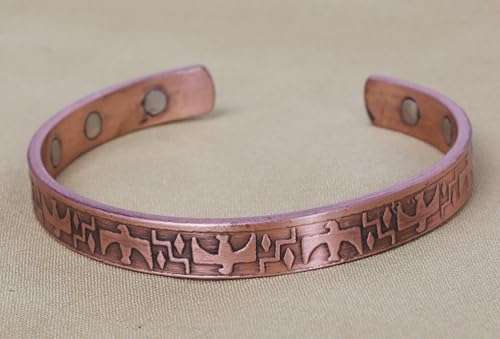 Touchstone magnetic copper bracelets for men women in gift box, engraved | 100% pure solid real adjustable bangle bracelet cuff jewelry; 12X ultra strength with 3500 gauss neodymium magnets; - style: Native American Thunderbird