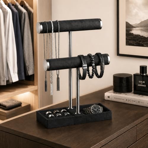 bussdis 2 Tier Bracelet Holder Display, Necklace Holder Organizer, Black | Velvet Necklace Holder | Jewelry Tree | Jewelry Towers | Jewelry Stand Organizer for Necklaces, Bracelets, Earrings, Rings - color: Black