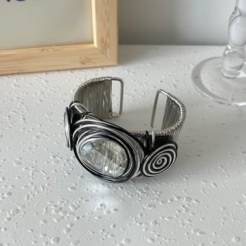 Chunky Cuff Bracelets for Women Wide Gold/Silver Cuffs Bangle Hollow Out Adjustable Bracelets Punk Vintage Jewelry - style: Black Crystal