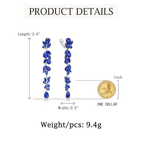 Crysdue Clip On Earrings for Women Rhinestone Crystal Teardrop Cluster Wedding Bridal Non Pierced Long Dangle Earring for Prom Party - color: Navy Blue Silver-Tone