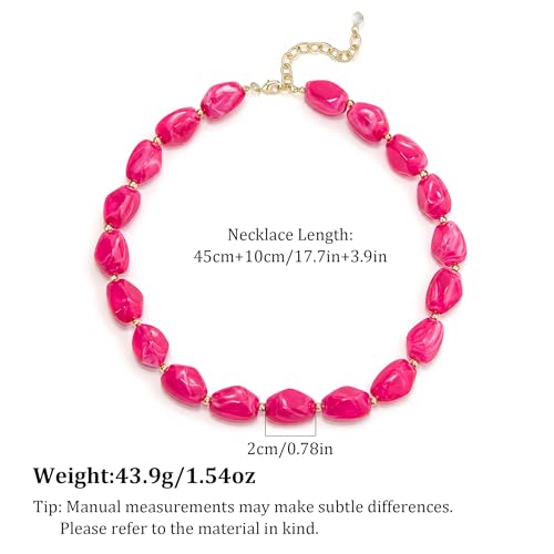 Boho Chunky Beaded Necklace for Women Lightweight Resin Beads for Summer Beach & Vacation Trendy Statement Jewelry Gift for Her - color: Rose Red