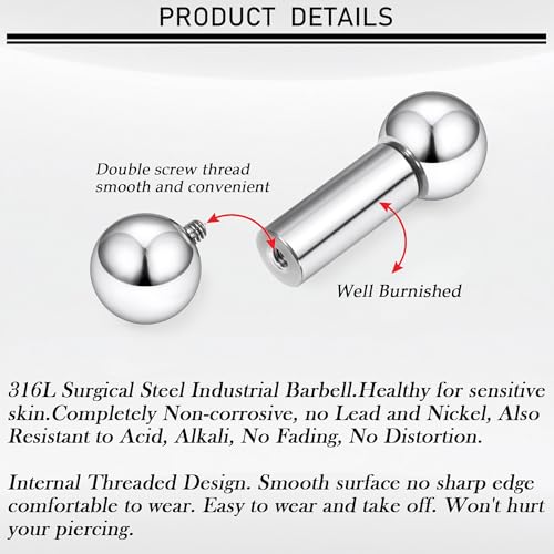 16G-00G Tongue Rings Nipple Piercings Internally Threaded Straight Barbell 316L Surgical Steel Body Piercing Jewelry for Women Men Black silver 12mm 14mm 16mm 19mm Bars Length - color: Silver, size: 4G(5mm)-16mm barbells-8mm Balls