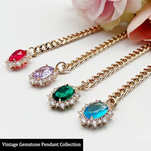 Women's Heart O-Ring Slip Chain Necklace, Double Layered Adjustable 39'' Cuban Chain with Detachable Heart Clasp and Colorful Rhinestone Pendant - color: 25'' Gold-Emerald Green