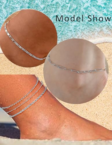 6PCS Ankle Bracelets for Women18K Gold Plated Stainless Steel Waterproof Layered Herringbone Figaro Bead Paperclip Rope Tennis Box Cuban Link Rolo Satellite Chain Anklets Set Gold Tone - style: D:Silver2