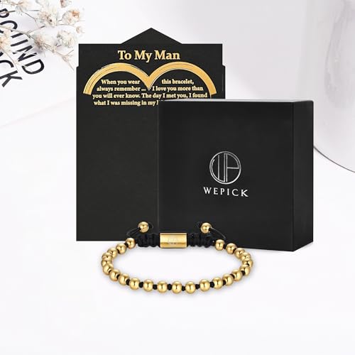 18K Gold-Plated Bracelets for Men Franco Link Chain Adjustable | Stainless Steel Bracelet, Gold Beads Bracelet, Handcrafted Braided, Mens Jewelry Birthday Gift for Men - color: Black with Gold Card Man