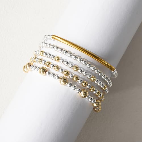 14K Gold Plated Beaded Bracelets Stack Set for Women,Stretch Boho Ball Jewelry Friendship Trendy - color: Silver gold