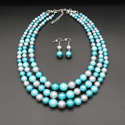 Chunky Layered Imitation Pearl Necklace for Women 3 strand Pearl Necklaces Faux Pearl Necklace Earrings Set 1920s Flapper Gatsby Costume Accessories - color: 3 strand pearl necklace blue grey