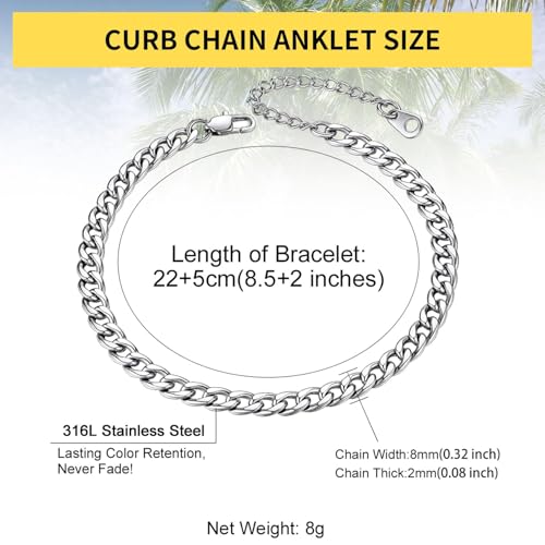 ChainsHouse Ankle Bracelets for Women, Stainless Steel Beaded Chain Ankle Bracelet, Womens Heart Anklets for Summer Beach Jewelry Gifts - color: B: cuban-5mm-stainless