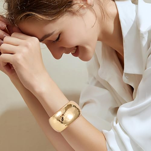 NICEIGHT 18K Gold Plated Chunky Bangle Bracelets for Women Gold Wide Cuff Bangle Bracelet Hammered Minimalist Thick Gold Wrist Wrap Bracelets - color: Gold Thick Hammered Bracelet