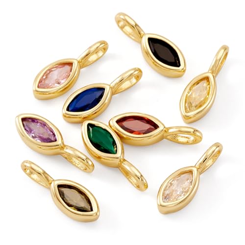 9Pcs Horse Eye Cubic Zirconia Charms Crystal CZ Stone Birthstone Dangle Charms Golden Brass Necklace Pendants for DIY Earring Bracelet Craft Jewelry Making 12x4x3.5mm - color: Horse Eye