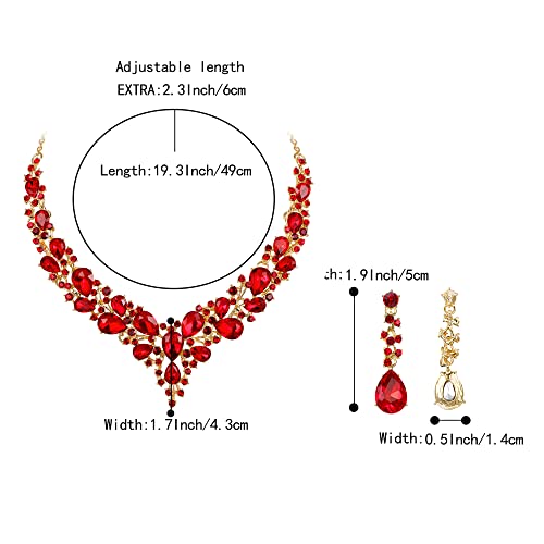 Women's Wedding Statement Necklace Dangle Earring Jewelry | Austrian Crystal Teardrop Cluster,Necklaces Earrings Set for Bride Bridesmaid,Prom Accessories - color: 21-Ruby Color Gold-Plated-Base