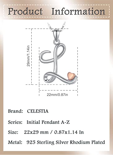 CELESTIA 925 Sterling Silver Initial Necklaces 26 Letter with Rose Gold Heart - 18 Inch Chain - color: L-Initial
