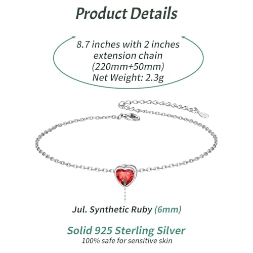 ChicSilver 925 Sterling Silver Anklets for Women, Simple Dainty Round/Heart Birthstone Ankle Bracelet Beach Foot Jewelry, 8.7-10.7 Inch Adjustable - color: 07. Heart - July(Ruby)