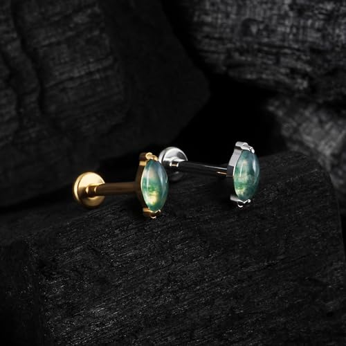 1PC ASTM F136 Titanium Piercing Jewelry for Tragus Conch Helix Flat Labret 18G 6mm 8mm, Cartilage Earring Flatback Stud - color: Moss Agate Marquise - Gold