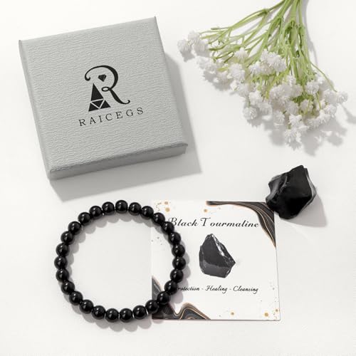 Raicegs 4 6 8MM Beaded Bracelets Healing Crystal Bracelet for Women Men Natural Stone Handmade Stretch Bracelet Reiki Spiritual Jewelry - color: Black Tourmaline, size: 8mm