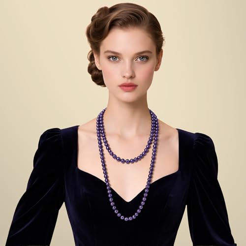 BABEYOND Long Pearl Necklace Faux Pearls Necklace Set Beaded Long Pearls Necklace 1920s Gatsby Costume Jewelry - color: Dark Purple