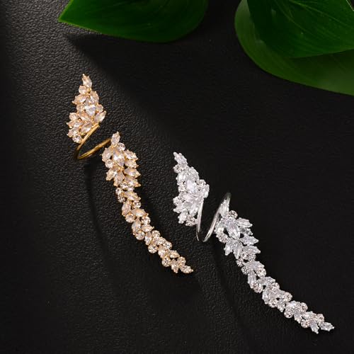 Rhinestone Finger Ring for Women Sparkly Crystal Butterfly Flower Leaf Adjustable Statement Chain Rings Punk Jewelry - color: silver leaf
