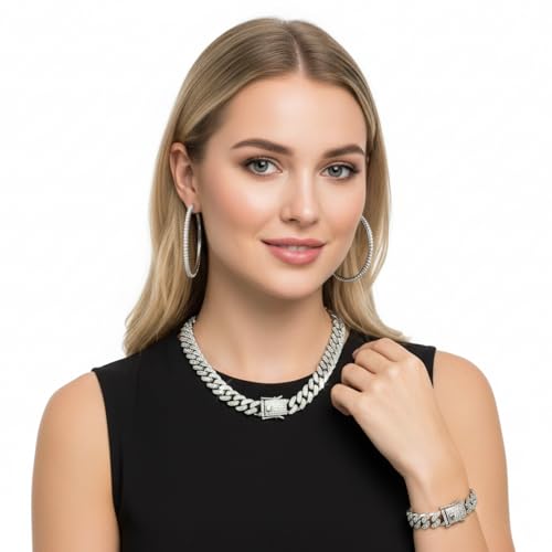 Batiyeer 3 Pcs Cuban Link Chain Necklace Bracelet Rhinestone Hoop Earrings Bling Crystal Hip Hop Jewelry for Women(20 Inch,Steel Black) - color: Steel Black, size: 20 Inch