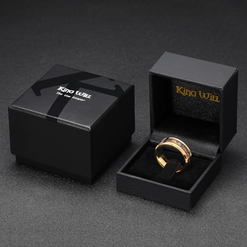 King Will Mens Wedding Band with Foils Inlay, Black/Silver/Gold Beveled Edge Glowstone Ring, 6mm/8mm Tungsten Carbide Rings Comfort Fit - color: Gold&Orange-8mm