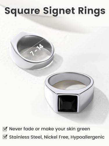 KeyStyle Square Gemstone Signet Rings for Men, Personalized Stainless Steel Pinky Ring with Black Onxy Blue Topaz Birthstone Statement Ring - color: 316L Stainless Steel-Black Onyx-8mm