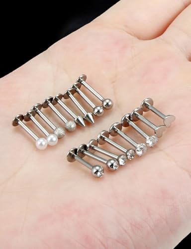 16G Flat Back Earrings Nose Studs 316L Surgical Steel Medusa Labret Monroe Lip Ring Tragus Forward Helix Conch Cartilage Lobe Earrings Stud Piercing Jewelry For Women Men 8MM Bar Length - color: Silver