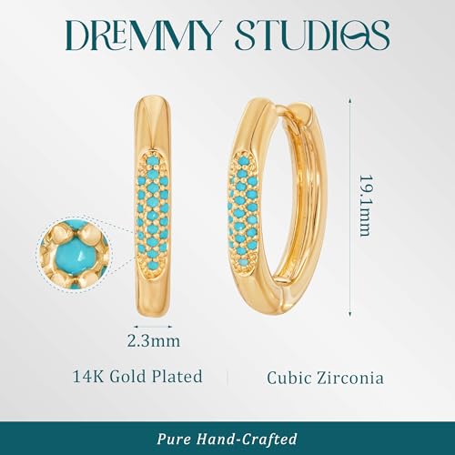 DREMMY STUDIOS Gold Dainty Huggie Hoop Earrings 18K Gold Plated Exquisite Open Tassel Dangle Charm Drop Sleeper Geometric Cross Coin Star Heart White CZ Simple Hypoallergenic Earrings for Women - color: Turquiose Hoops