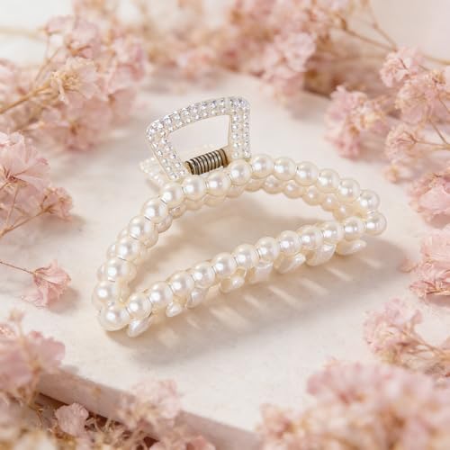 2PCS White Pearl Hair Clips Elegance Pearl Claw Clip Large Non-Slip Hair Claws for Women Girls Strong Hold Jaw Clip for Thick and Thin Hair