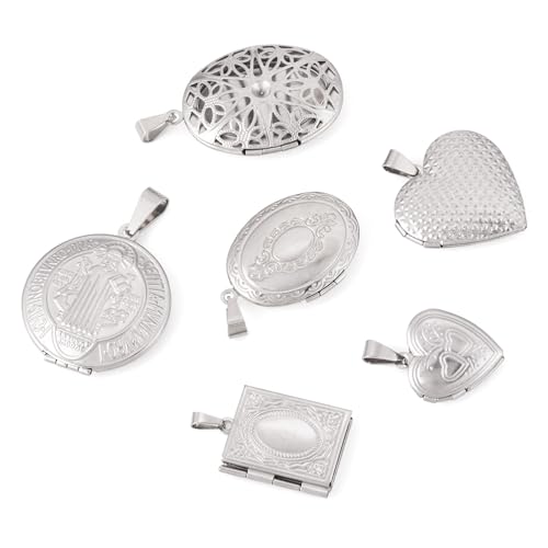 6Pcs 316 Stainless Steel Locket Pendants Heart Oval Flat Round Rectangle Photo Frame Charms Silver Locket Charms for Necklaces DIY Memorial Necklace Making - color: Golden Color, 6 Styles