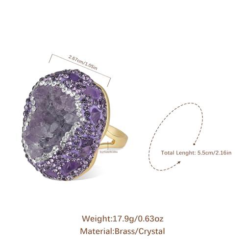 HZMAN Natural Stone Statement Ring for Women, Crystal Paved Bold Cocktail Ring, Adjustable Gold Tone Fashion Jewelry - color: Amethyst Druzy Stone