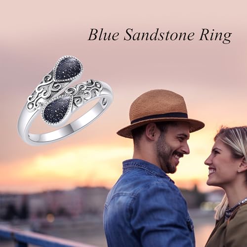 Ring for Women Sterling Silver Adjustable Band Open Rings Jewelry Gifts for Girls - style: Blue Sandstone