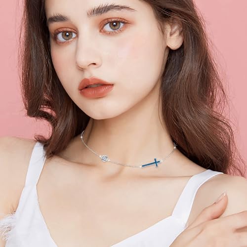 Yearace Choker Necklaces for Women S925 Sterling Silver Sideways Cross/Butterfly/Handcuffs/Infinity Interlocking/Chakra Choker Necklace Dainty Sideways Cross Necklace Jewelry Gift - style: Turquoise Cross 14+4"